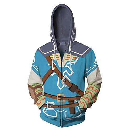 Top regalos para frikis y geeks Game The Legend of Zelda Cosplay Sudaderas con capucha, unisex con impresión 3D con cremallera usada para el festival Cosplay o regalo, azul, S