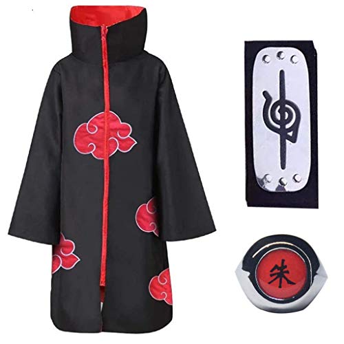 Top regalos para frikis y geeks Kicpot 3 Piezas Set Disfraz de Itachi Uchiha (Akatsuki) Cosplay Capa Larga de Akatsuki Diadema de Leaf Village y Anillo de Akatsuki para fanáticos, Unisex (XL)