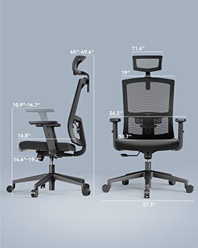 Ficha Características de NOBLEWELL Silla de Oficina Silla ergonómica de Malla, Silla de Escritorio con función basculante y Altura Ajustable, reposacabezas, Soporte Lumbar,respetuosa con la Espalda, cargable hasta 150 kg