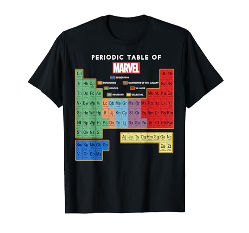 Top regalos para frikis y geeks Marvel Ultimate Periodic Table Of Elements Camiseta de manga corta