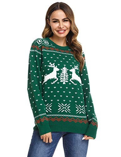 Top regalos para frikis y geeks Irevial Jersey navideño de Punto para Mujer, Suéter de Navidad Manga Larga, Pullover Top de Elementos con Copos de Nieve, árbol de Navidad y Reno