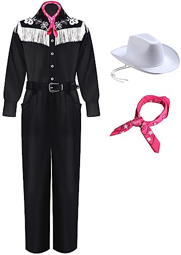 Top regalos para frikis y geeks Foanja Disfraz de Barbies Hombre Cosplay Película Barbies Ken 70s 86s Vintage Estrella Hippie Rockwear y Sombrero Pajarita Set para Halloween Carnaval Cumpleaños Fiesta Costume