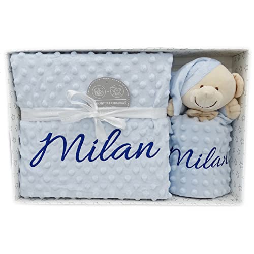 Mejores regalos para frikis y geeks Manta de bebe personalizado con su nombre bordado, manta de copito (Manta + DouDou)