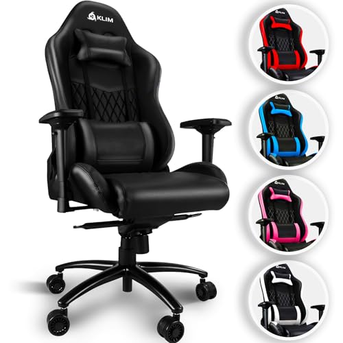 Top regalos para frikis y geeks KLIM Esports Silla Gaming Ergonómica + con Soporte Lumbar y Cervical + Reclinable + Silla de Escritorio Ajustable + Piel Sintética y Materiales Premium + Silla Gamer Negra [Nueva VERSIÓN 2024]