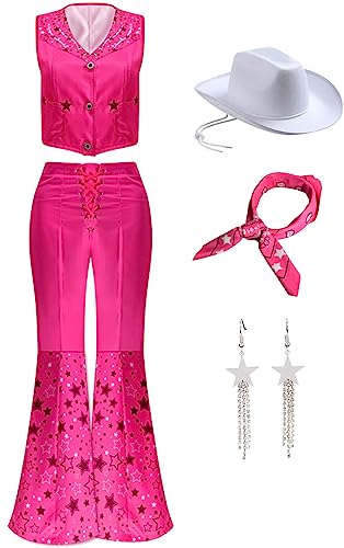 Top regalos para frikis y geeks Foanja Disfraz de Barbies Mujer Cosplay Película Barbies 70s 83s Vintage Estrella Hippie Rockwear y Sombrero Pajarita Pendientes Set para Halloween Carnaval Cumpleaños Fiesta Costume Rosa