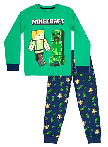 Top regalos para frikis y geeks Minecraft - Ropa Minecraft - Pijama Minecraft para niños- Pijama 100% algodón para niños - Conjunto de pijama - Regalos Minecraft - Verde y Azul, Azul marino, verde, 9-10 Years