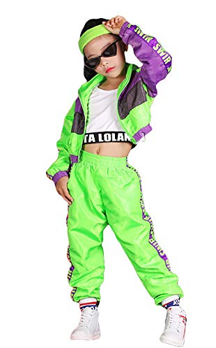 Top regalos para frikis y geeks LOLANTA Conjunto de Ropa de Hip Hop para niñas de 3 Piezas, Traje de Baile Callejero para niños, Chaleco Recortado, Chaqueta Verde Fluorescente y Pantalones de chándal, Verde, 120