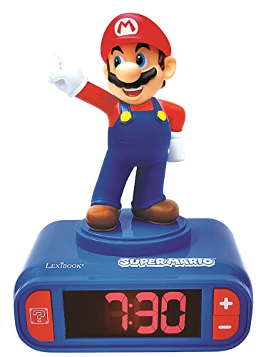 Top regalos para frikis y geeks Lexibook Nintendo Super Mario-Reloj Despertador, a partir de 3 años, con Pantalla LCD Digital, quitamiedos niño, Azul/Roja RL800NI