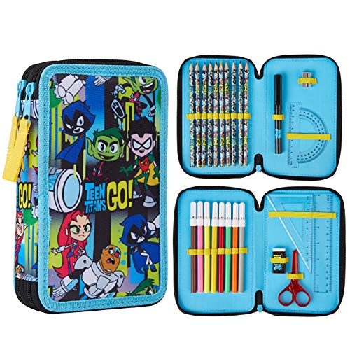Top regalos para frikis y geeks Teen Titans Go! Estuche Escolar, Incluye Material Escolar, Estuche Pinturas Para Niños 2 Compartimentos con Lapices y Rotuladores de Colores, Regalos Para Niños