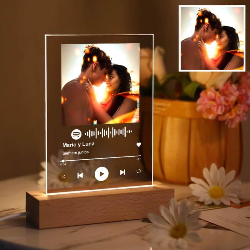 Top regalos para frikis y geeks Transparent Gift Placa Spotify Personalizada con Foto. Diseño con Código escaneable de Canción. Regalo de Cumpleaños Original, Regalos Pareja, Aniversario, San Valentín. Con Marco o Base con Luz