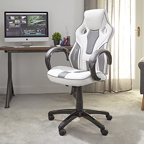 Top regalos para frikis y geeks X Rocker Maverick Silla para Juegos, Silla de Oficina Ergonómica con Respaldo Medio para el Hogar, Cuero de Pu, Base Giratoria de Altura Ajustable con Soporte Lumbar Natural, Blanco y Gris