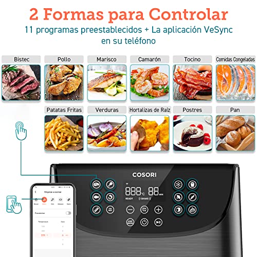 Ficha Características de COSORI Freidora sin aceite inteligente XXL, 5,5 L, 11 programas y 100 recetas españolas, Control mediante APP, Precalentar y mantener caliente, Recordatorio de sacudir, LED pantalla táctil, Negro