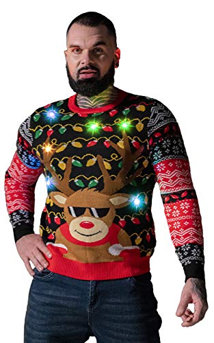 Top regalos para frikis y geeks U LOOK UGLY TODAY Jersey de Navidad para hombre con luz LED, divertido, suéter de punto feo, suéter de Navidad con lámpara LED, motivos navideños para fiesta de Navidad, Rudy Erleuchtet, XXXL