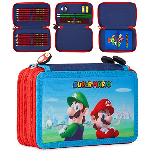 Top regalos para frikis y geeks Super Mario Estuche Escolar, Incluye Material Escolar, Estuche Escolar 3 Compartimentos con Lapices de Colores Cuaderno Goma de Borrar, Regalos para Niños