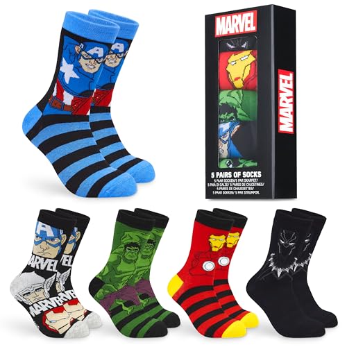 Top regalos para frikis y geeks Marvel Calcetines Hombre Divertidos Pack Regalo 5 Pares Calcetines Superheroes Hombre Spiderman Avengers Regalos Frikis para Hombres (Azul Multicolor,40-45)