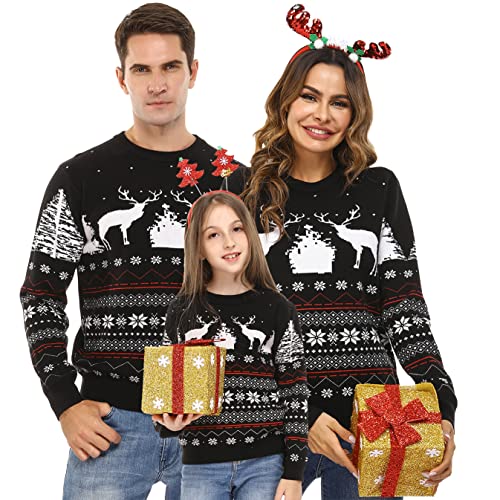 Top regalos para frikis y geeks Uniexcosm Suéter de Navidad, Jersey Navideño Familia Pullover de Punto Alce Copo de Nieve Suéter Navideño Parejas Manga Larga con Cuello Redondo Invierno para Navidad Mujer-Negra S