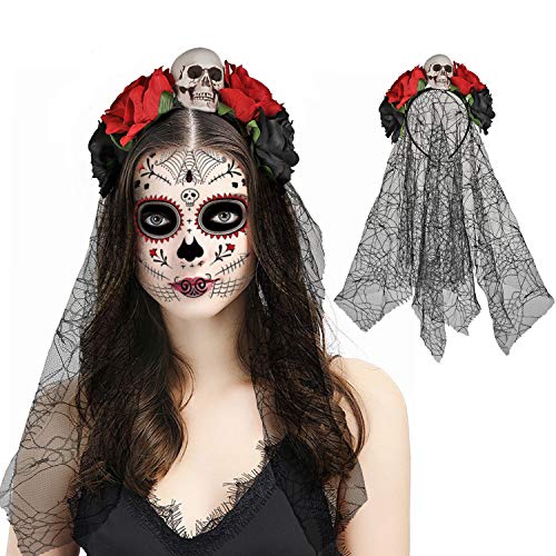 Top regalos para frikis y geeks HOWAF Diadema del Día De Muertos con Rosas Rojas, Calavera y Velo, Tamaño Único, Mexicano Diadema de Flores Catrina, Accesorio para Disfraz de Halloween Mujer