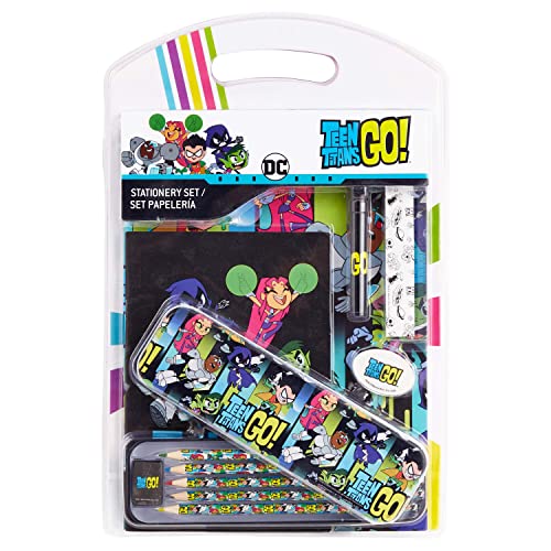 Top regalos para frikis y geeks Teen Titans Go! Estuche Escolar con Libreta A4, Lápices Colores, Goma de Borrar y Bolígrafo, Set Papelería Infantil, Kit Material Escolar Original, Regalos Infantiles
